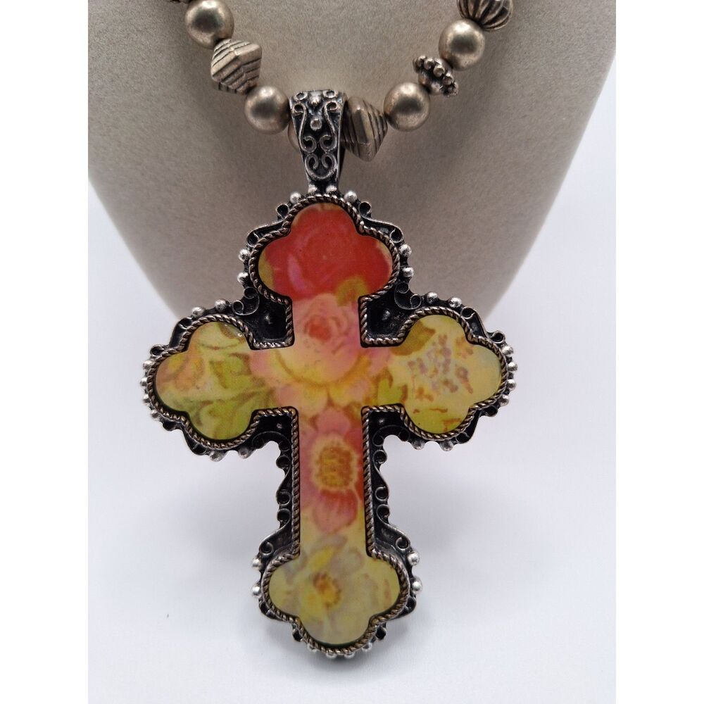 Cross beaded necklace Southwestern yellow red green in silver tone 18 inches